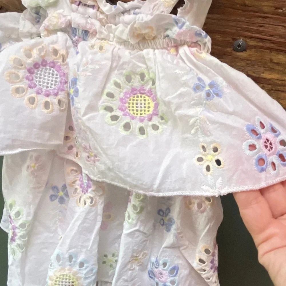 Truly Me by Sara Sara Girls White Floral Eyelet Tiered Ruffle Dress Size S